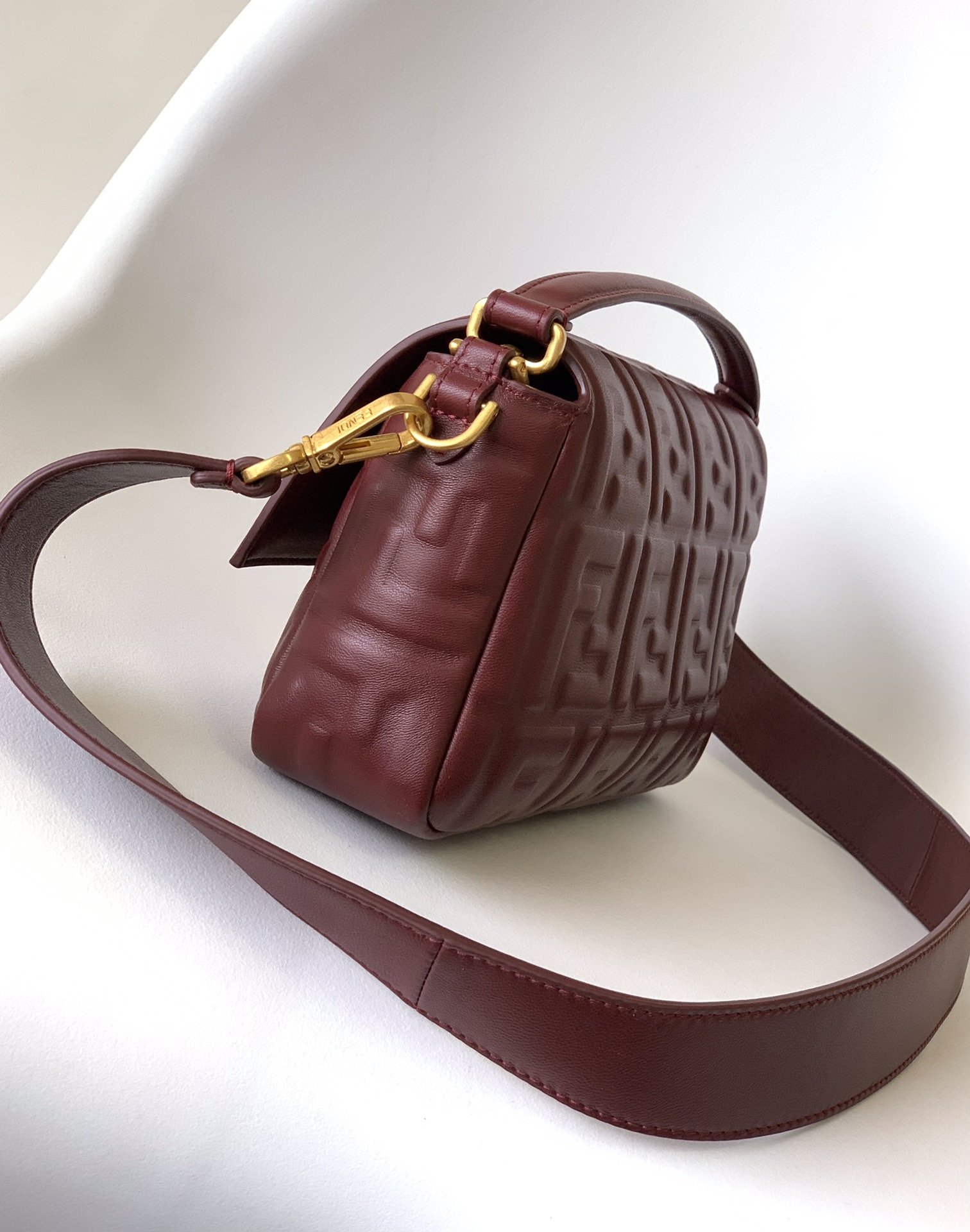 Fendi Medium Baguette Nappa Leather with FF Motif Shoulder Bag Claret